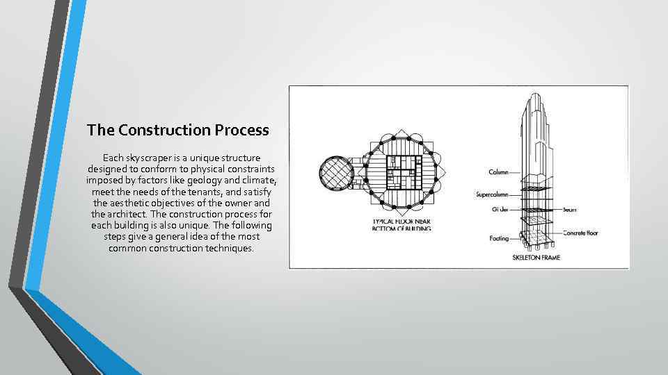 The Construction Process Each skyscraper is a unique structure designed to conform to physical