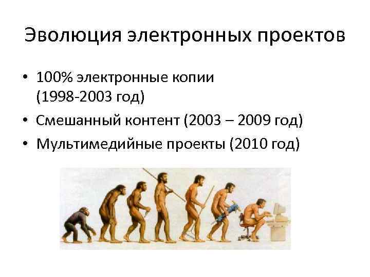 Эволюция электронных проектов • 100% электронные копии (1998 -2003 год) • Смешанный контент (2003