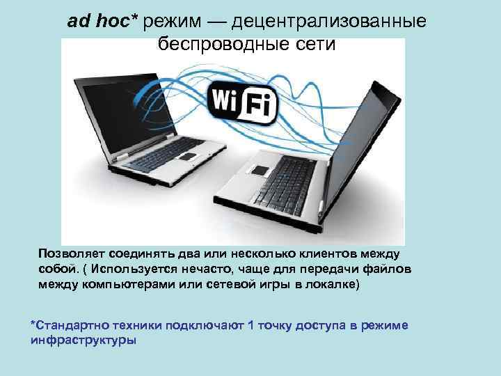 ad hoc* режим — децентрализованные беспроводные сети Позволяет соединять два или несколько клиентов между