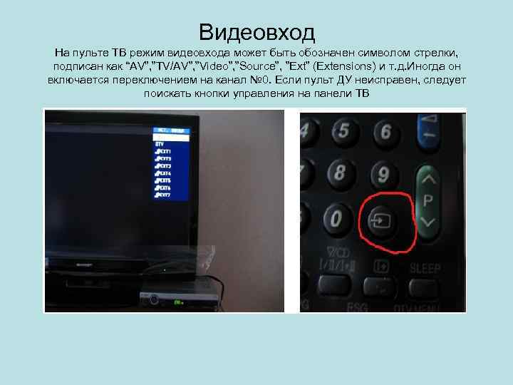 Видеовход На пульте ТВ режим видеовхода может быть обозначен символом стрелки, подписан как “AV”,