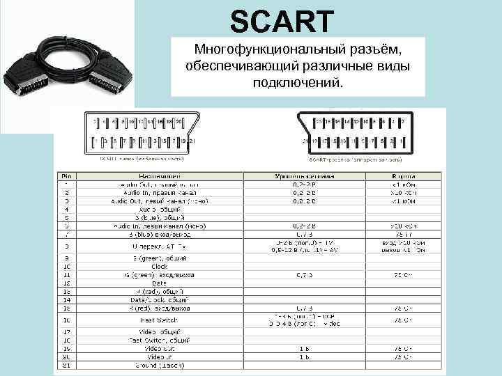 SCART Многофункциональный разъём, обеспечивающий различные виды подключений. 