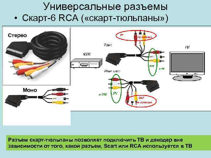 Универсальные разъемы • Скарт-6 RCA ( «скарт-тюльпаны» ) Стерео Моно Разъем скарт-тюльпаны позволяет подключить