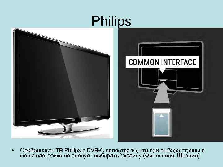 Philips • Особенность ТВ Philips с DVB-C является то, что при выборе страны в