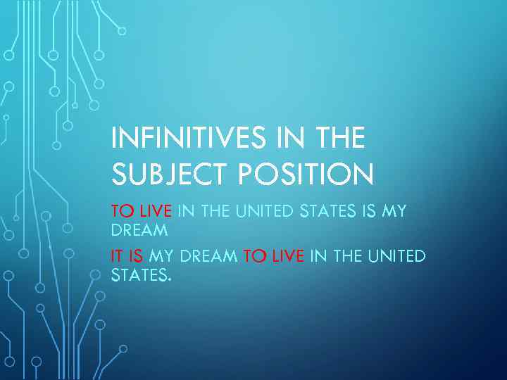 INFINITIVES IN THE SUBJECT POSITION TO LIVE IN THE UNITED STATES IS MY DREAM