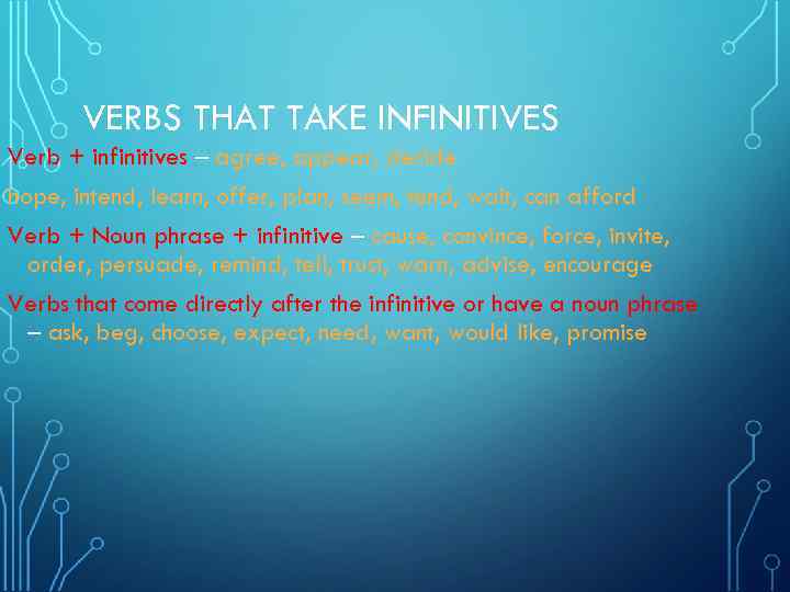 VERBS THAT TAKE INFINITIVES Verb + infinitives – agree, appear, decide hope, intend, learn,