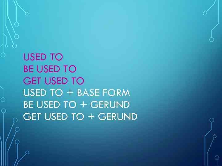 USED TO BE USED TO GET USED TO + BASE FORM BE USED TO