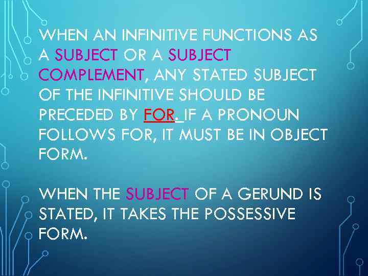 WHEN AN INFINITIVE FUNCTIONS AS A SUBJECT OR A SUBJECT COMPLEMENT, ANY STATED SUBJECT
