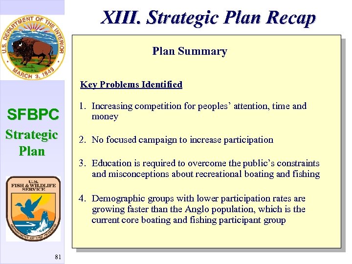 XIII. Strategic Plan Recap Plan Summary Key Problems Identified SFBPC 1. Increasing competition for