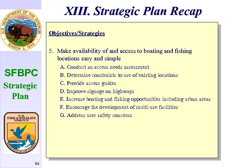 XIII. Strategic Plan Recap Objectives/Strategies 5. Make availability of and access to boating and