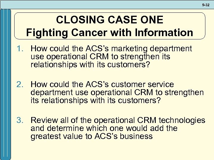 9 -32 CLOSING CASE ONE Fighting Cancer with Information 1. How could the ACS’s