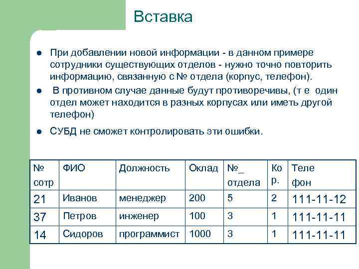 Вставка l l l При добавлении новой информации - в данном примере сотрудники существующих