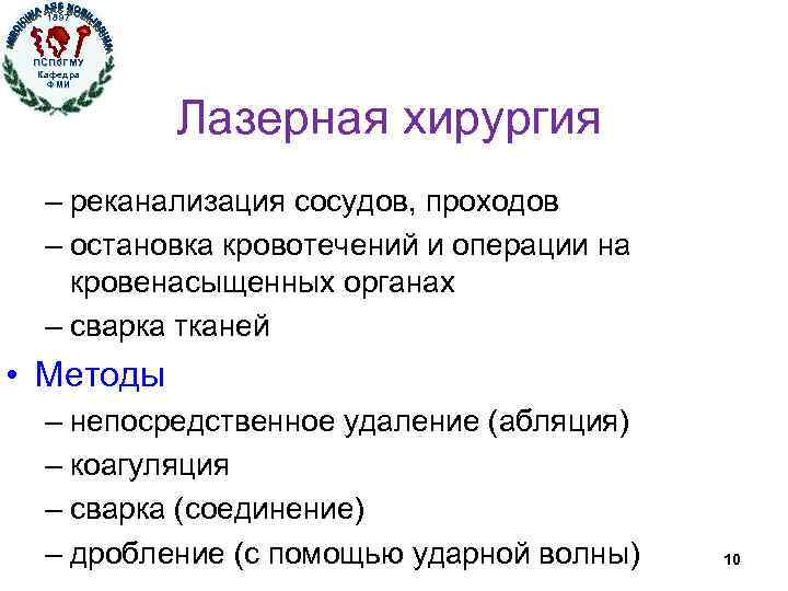 1897 ПСПб. ГМУ Кафедра ФМИ Лазерная хирургия – реканализация сосудов, проходов – остановка кровотечений