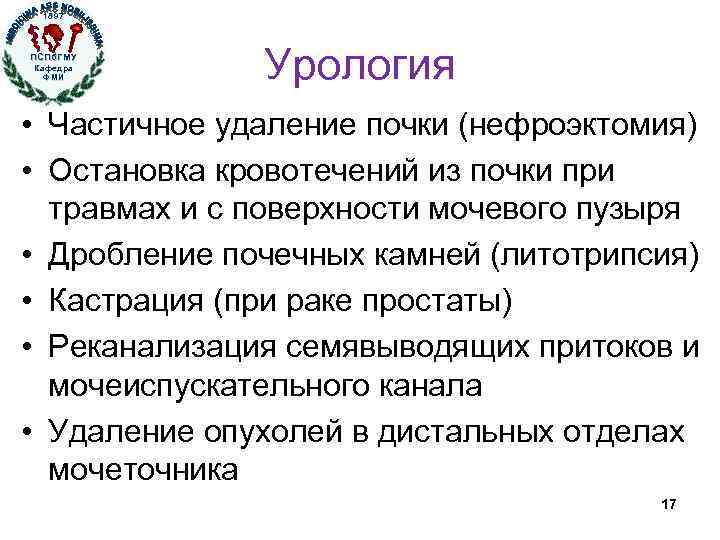 1897 ПСПб. ГМУ Кафедра ФМИ Урология • Частичное удаление почки (нефроэктомия) • Остановка кровотечений