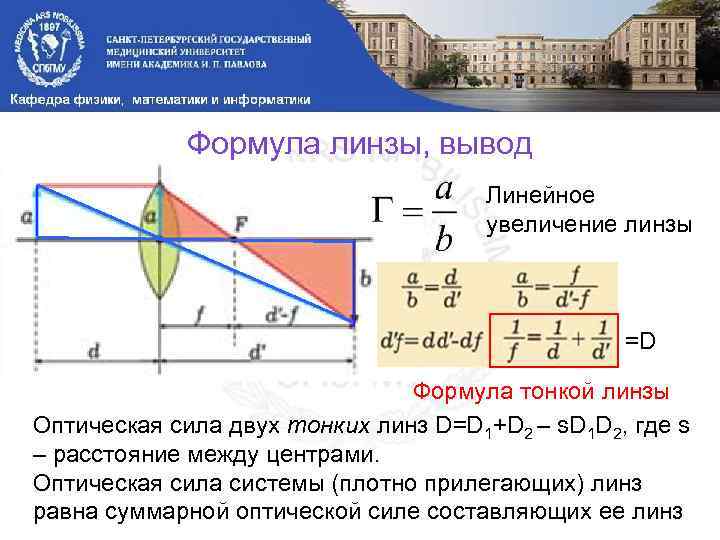Формула линзы, вывод Линейное увеличение линзы =D Формула тонкой линзы Оптическая сила двух тонких