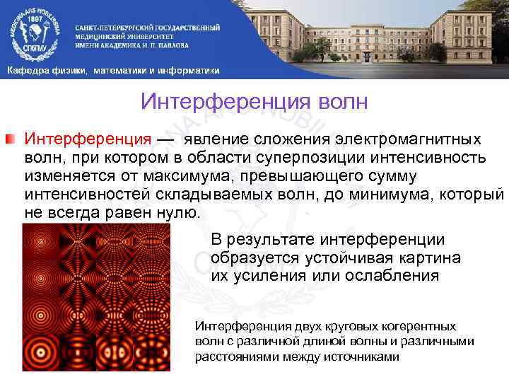 Интерференция волн Интерференция — явление сложения электромагнитных волн, при котором в области суперпозиции интенсивность