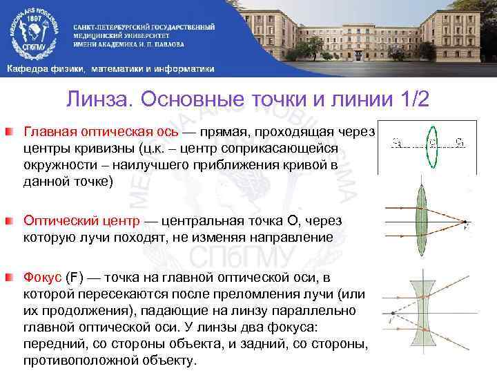 Линза. Основные точки и линии 1/2 Главная оптическая ось — прямая, проходящая через центры