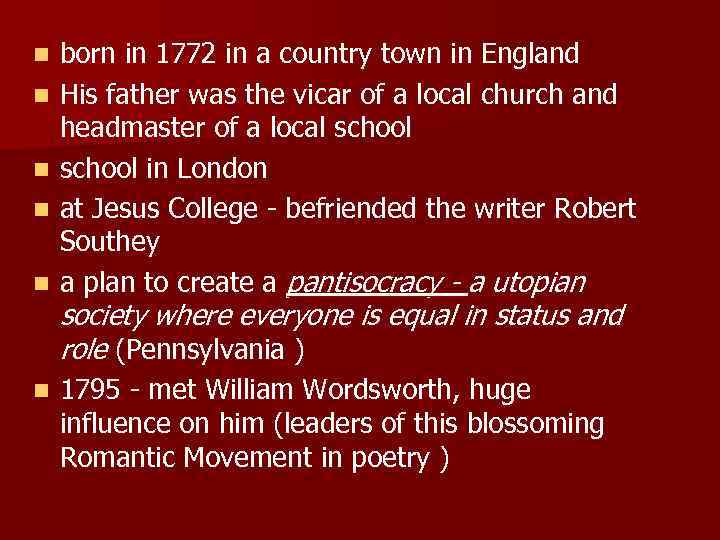 n n n born in 1772 in a country town in England His father