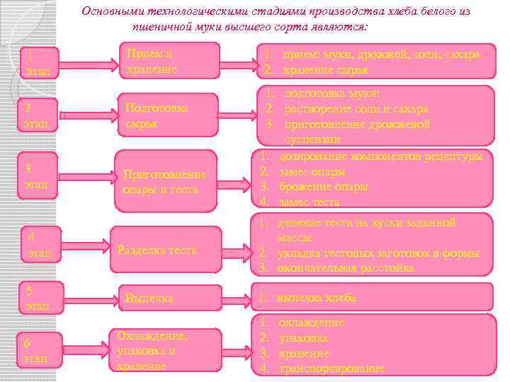 Основными технологическими стадиями производства хлеба белого из пшеничной муки высшего сорта являются: 1 этап