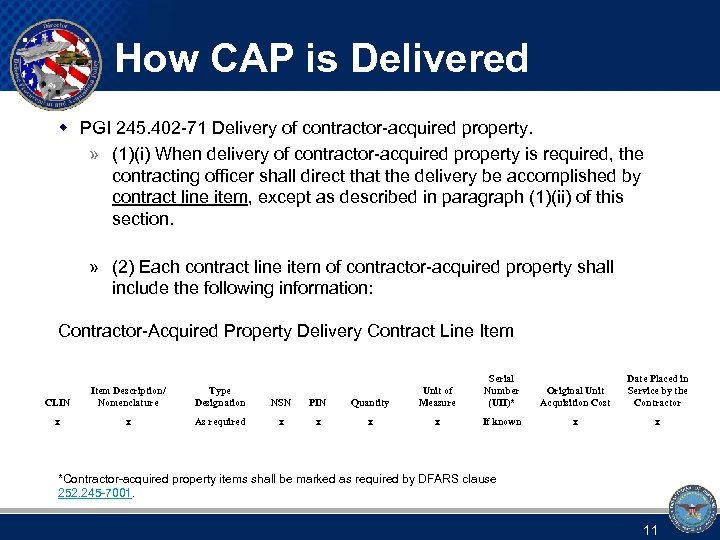 How CAP is Delivered w PGI 245. 402 -71 Delivery of contractor-acquired property. »