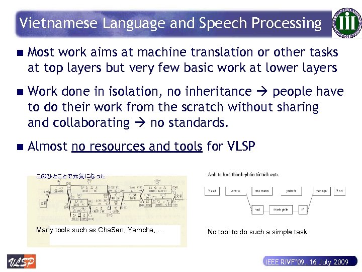 Vietnamese Language and Speech Processing n Most work aims at machine translation or other