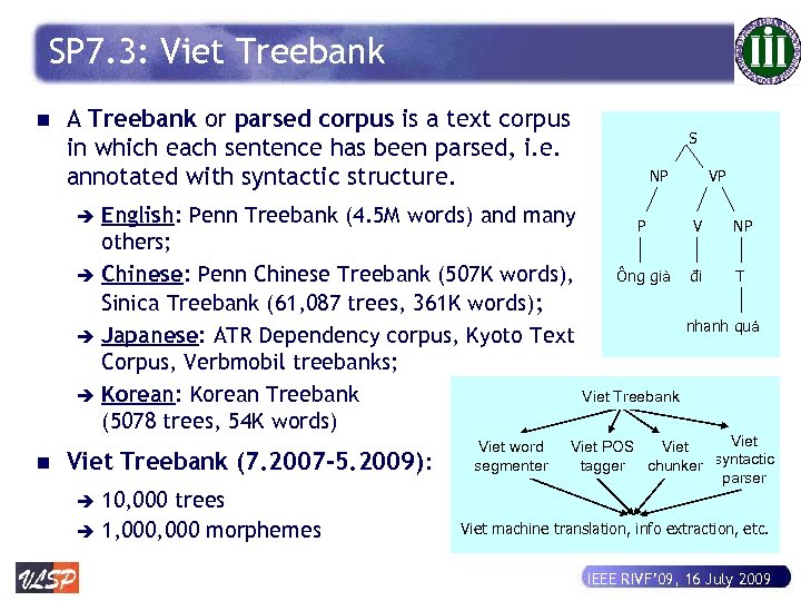 SP 7. 3: Viet Treebank n A Treebank or parsed corpus is a text