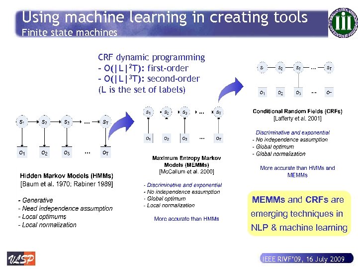 Using machine learning in creating tools Finite state machines CRF dynamic programming - O(|L|2