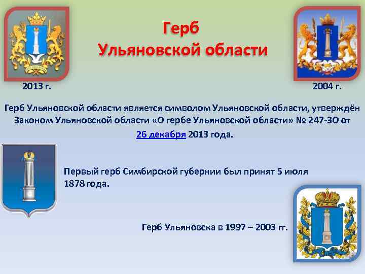 Герб Ульяновской области 2013 г. 2004 г. Герб Ульяновской области является символом Ульяновской области,