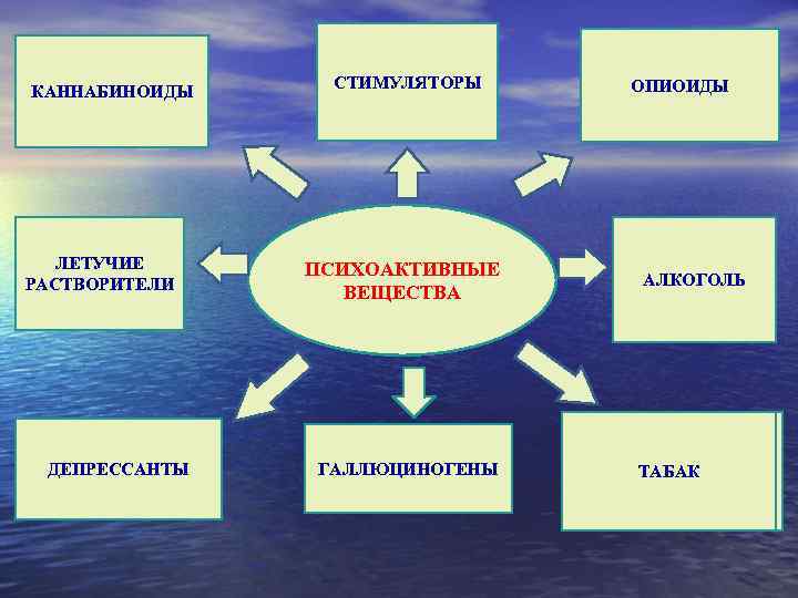 КАННАБИНОИДЫ ЛЕТУЧИЕ РАСТВОРИТЕЛИ ДЕПРЕССАНТЫ СТИМУЛЯТОРЫ ПСИХОАКТИВНЫЕ ВЕЩЕСТВА ГАЛЛЮЦИНОГЕНЫ ОПИОИДЫ АЛКОГОЛЬ ТАБАК 