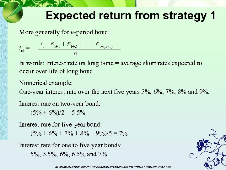 Expected return from strategy 1 More generally for n-period bond: int = it +