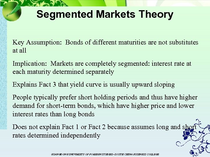 Segmented Markets Theory Key Assumption: Bonds of different maturities are not substitutes at all
