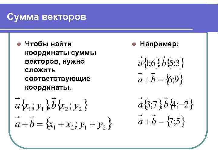 Сумма векторов l Чтобы найти координаты суммы векторов, нужно сложить соответствующие координаты. l Например: