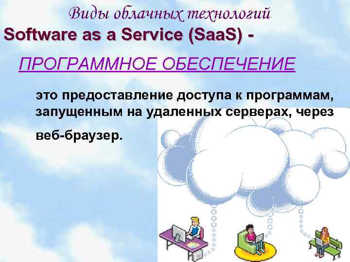 Виды облачных технологий Software as a Service (Saa. S) ПРОГРАММНОЕ ОБЕСПЕЧЕНИЕ это предоставление доступа