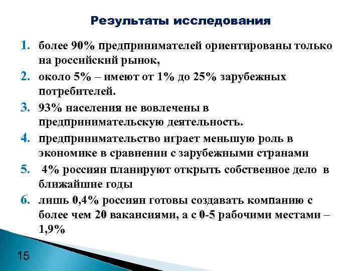 Результаты исследования 1. более 90% предпринимателей ориентированы только 2. 3. 4. 5. 6. 15