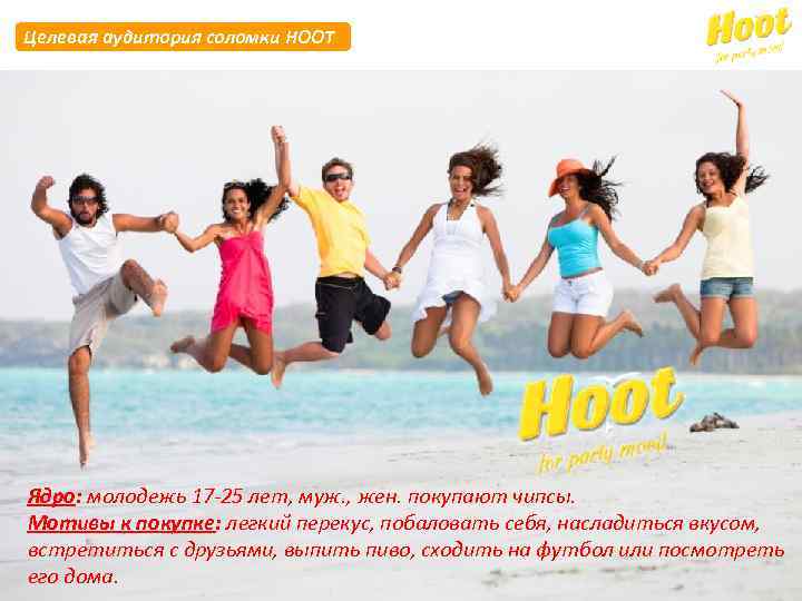 Целевая аудитория соломки HOOT Ядро: молодежь 17 -25 лет, муж. , жен. покупают чипсы.