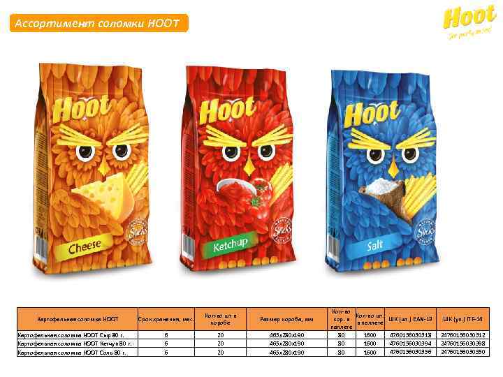 Ассортимент соломки HOOT Картофельная соломка HOOT Сыр 80 г. Картофельная соломка HOOT Кетчуп 80