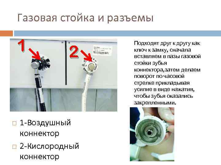 Газовая стойка и разъемы 1 2 1 -Воздушный коннектор 2 -Кислородный коннектор Подходят друг