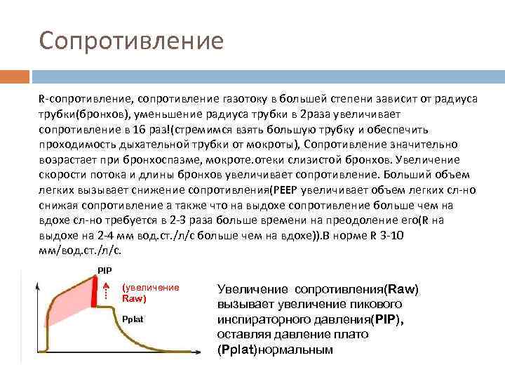 Сопротивление R-сопротивление, сопротивление газотоку в большей степени зависит от радиуса трубки(бронхов), уменьшение радиуса трубки