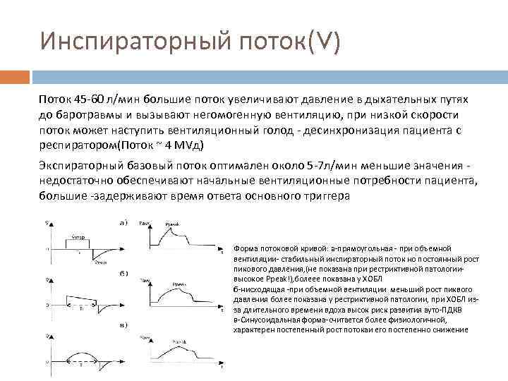 Инспираторный поток(V) Поток 45 -60 л/мин большие поток увеличивают давление в дыхательных путях до
