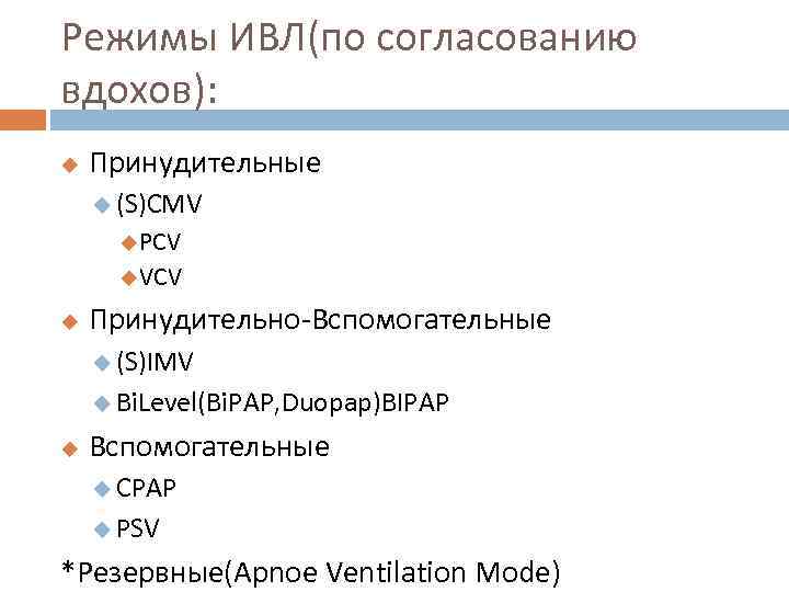 Режимы ИВЛ(по согласованию вдохов): u Принудительные u (S)CMV u. PCV u. VCV u Принудительно-Вспомогательные