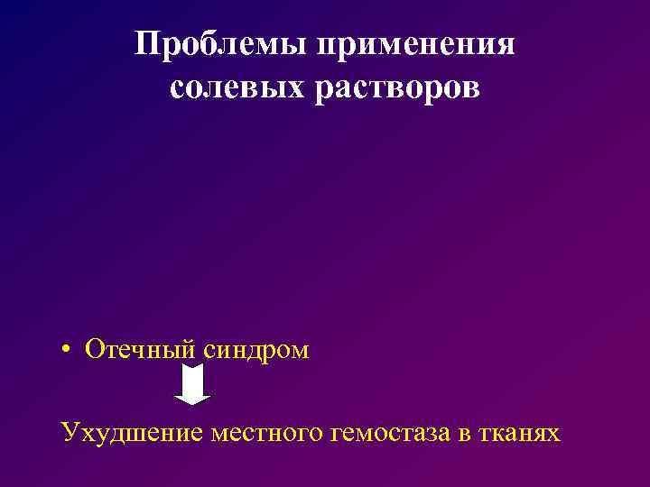 Проблемы применения солевых растворов • Отечный синдром Ухудшение местного гемостаза в тканях 