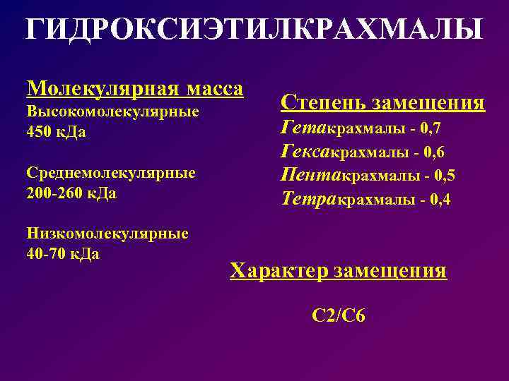 ГИДРОКСИЭТИЛКРАХМАЛЫ Молекулярная масса Высокомолекулярные 450 к. Да Среднемолекулярные 200 -260 к. Да Низкомолекулярные 40