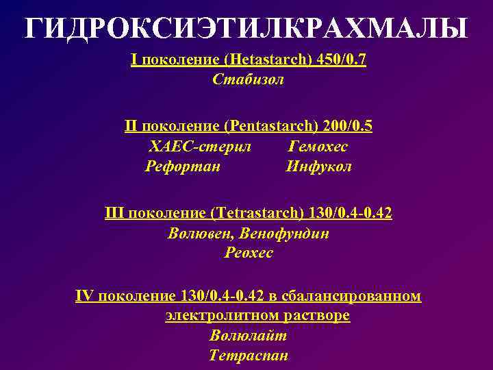 ГИДРОКСИЭТИЛКРАХМАЛЫ I поколение (Hetastarch) 450/0. 7 Стабизол II поколение (Pentastarch) 200/0. 5 ХАЕС-стерил Гемохес