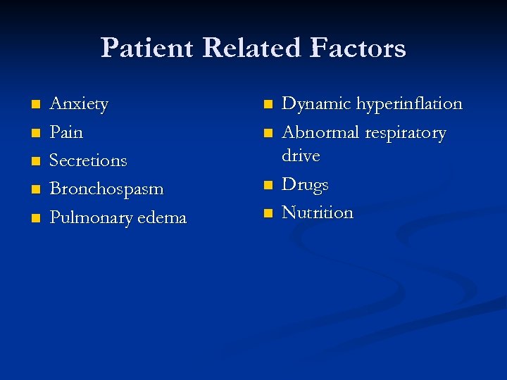 Patient Related Factors n n n Anxiety Pain Secretions Bronchospasm Pulmonary edema n n