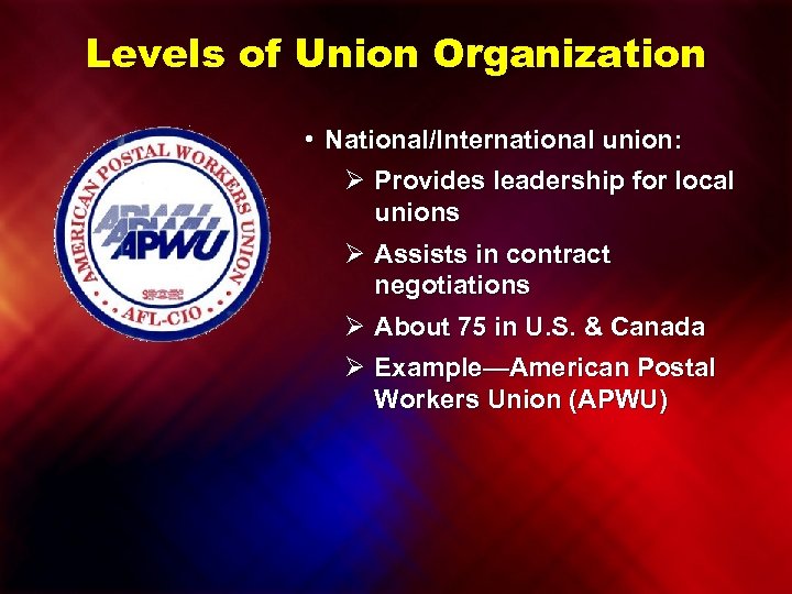 Levels of Union Organization • National/International union: Ø Provides leadership for local unions Ø