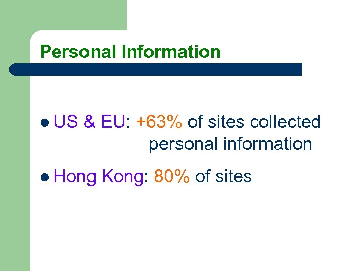 Personal Information l US & EU: +63% of sites collected personal information l Hong