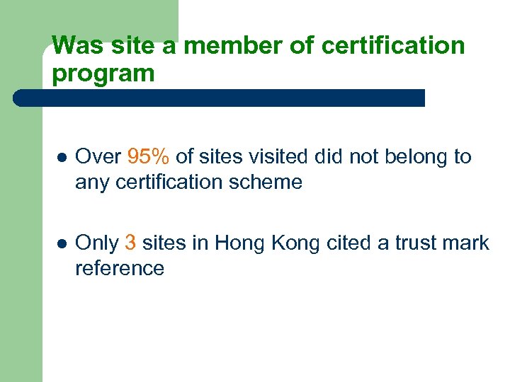 Was site a member of certification program l Over 95% of sites visited did