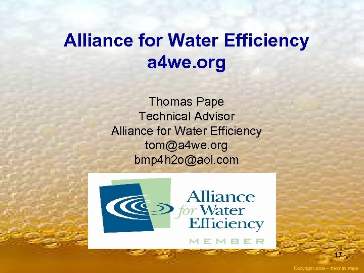 Alliance for Water Efficiency a 4 we. org Thomas Pape Technical Advisor Alliance for