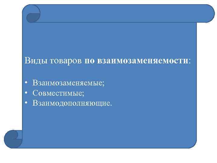 Виды товаров по взаимозаменяемости: • Взаимозаменяемые; • Совместимые; • Взаимодополняющие. 