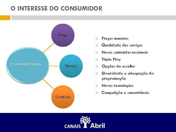 O INTERESSE DO CONSUMIDOR Preço Novos conteúdos nacionais Triple Play Opções de escolha Diversidade