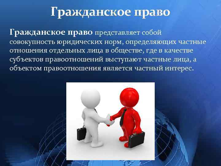 Гражданское право представляет собой совокупность юридических норм, определяющих частные отношения отдельных лица в обществе,
